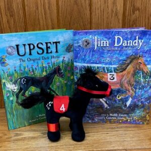 two books-upset-Jim dandy-plush black horse with red harness