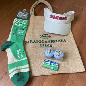 Golf Porch Package includes a visor, socks, 2 golf balls, funny gum. Free tote bag