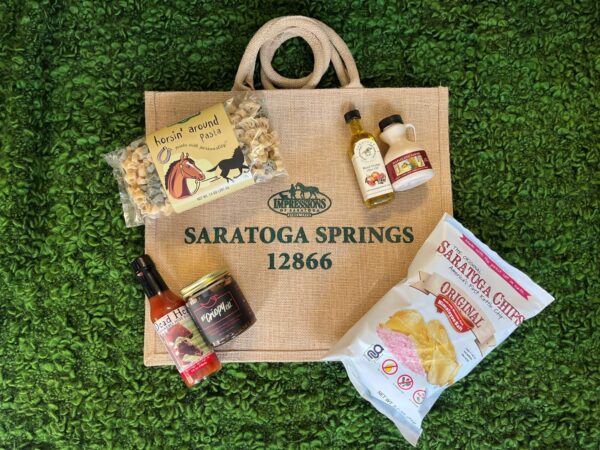 gift bag- horse pasta-olive oil-maple syrup-potato chips-crispy oil-hot sauce- tote bag