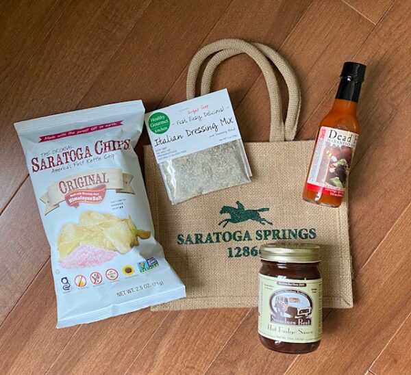 Porch Package includes potato chips, dip, hot sauce, fudge. Free Tote bag