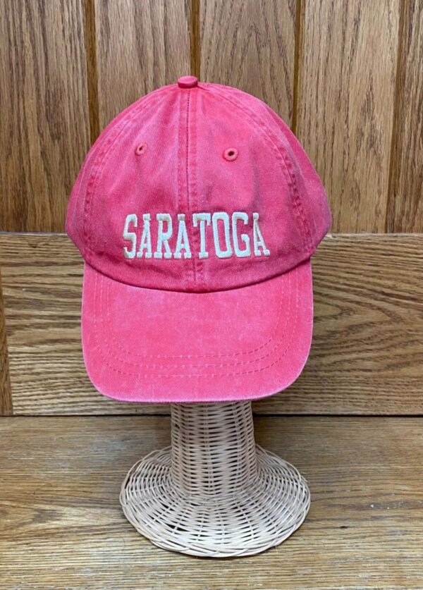 Red baseball hat with Saratoga across front