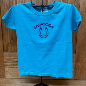 Seafoam children's tee with Saratoga and a horseshoe on front chest