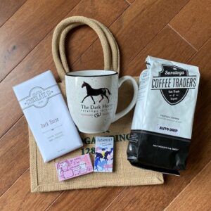 Porch package includes chocolate bar, 2 packs funny gum, coffee, mug. Free tote bag