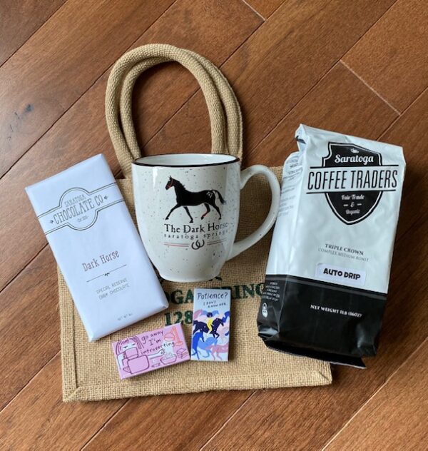 Porch package includes chocolate bar, 2 packs funny gum, coffee, mug. Free tote bag