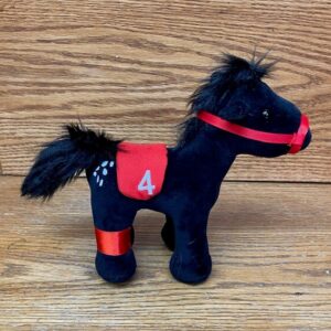 small black plush horse-red halter with number 4