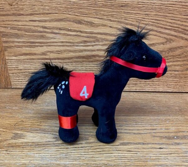 small black plush horse-red halter with number 4