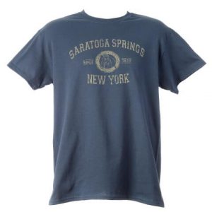 short sleeve tee shirt in navy- SARATOGA SPRINGS over horsehead circled by health, history, horses- NEW YORK under front chest area