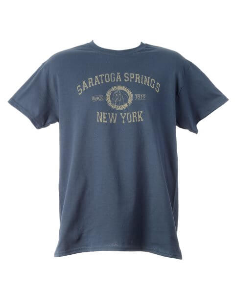 short sleeve tee shirt in navy- SARATOGA SPRINGS over horsehead circled by health, history, horses- NEW YORK under front chest area
