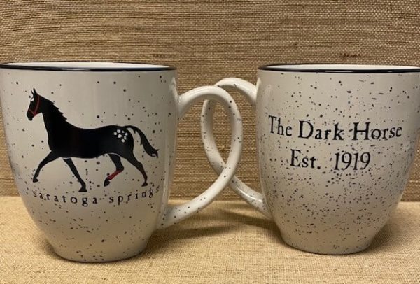 dark horse-bistro mug-black horse-speckled-white-front & back