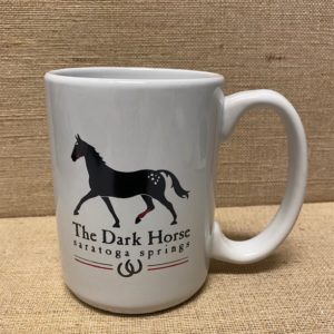 White mug featuring a black horse with the words The Black Horse-Saratoga Springs