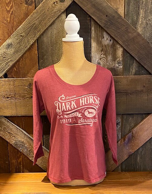Dark Horse- ladies- scoop neck- 3/4 sleeve- front Dark Horse since 1919- saratoga- horse- t-shirt red