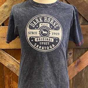 Dark Horse Mineral washed t-shirt- navy- red stitching on hem and sleeves-circle crest on front- Dark Horse- since 1919- original Upset- saratoga