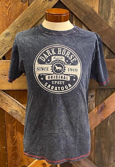 Dark Horse Mineral washed t-shirt- navy- red stitching on hem and sleeves-circle crest on front- Dark Horse- since 1919- original Upset- saratoga