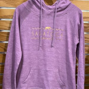 Ladies hoodie- color plum- rose gold foil lettering on chest- Saratoga Springs with horse