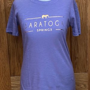 Ladies Dusty Purple tee- gold lettering across chest- Saratoga Springs and a horse