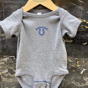 Grey onesie-blue Saratoga-horseshoe under-on chest