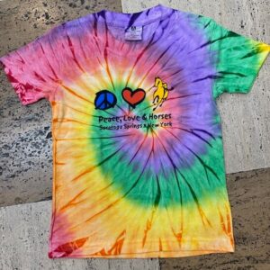 tie dye kids tee shirt-peace love horses- saratoga springs new york