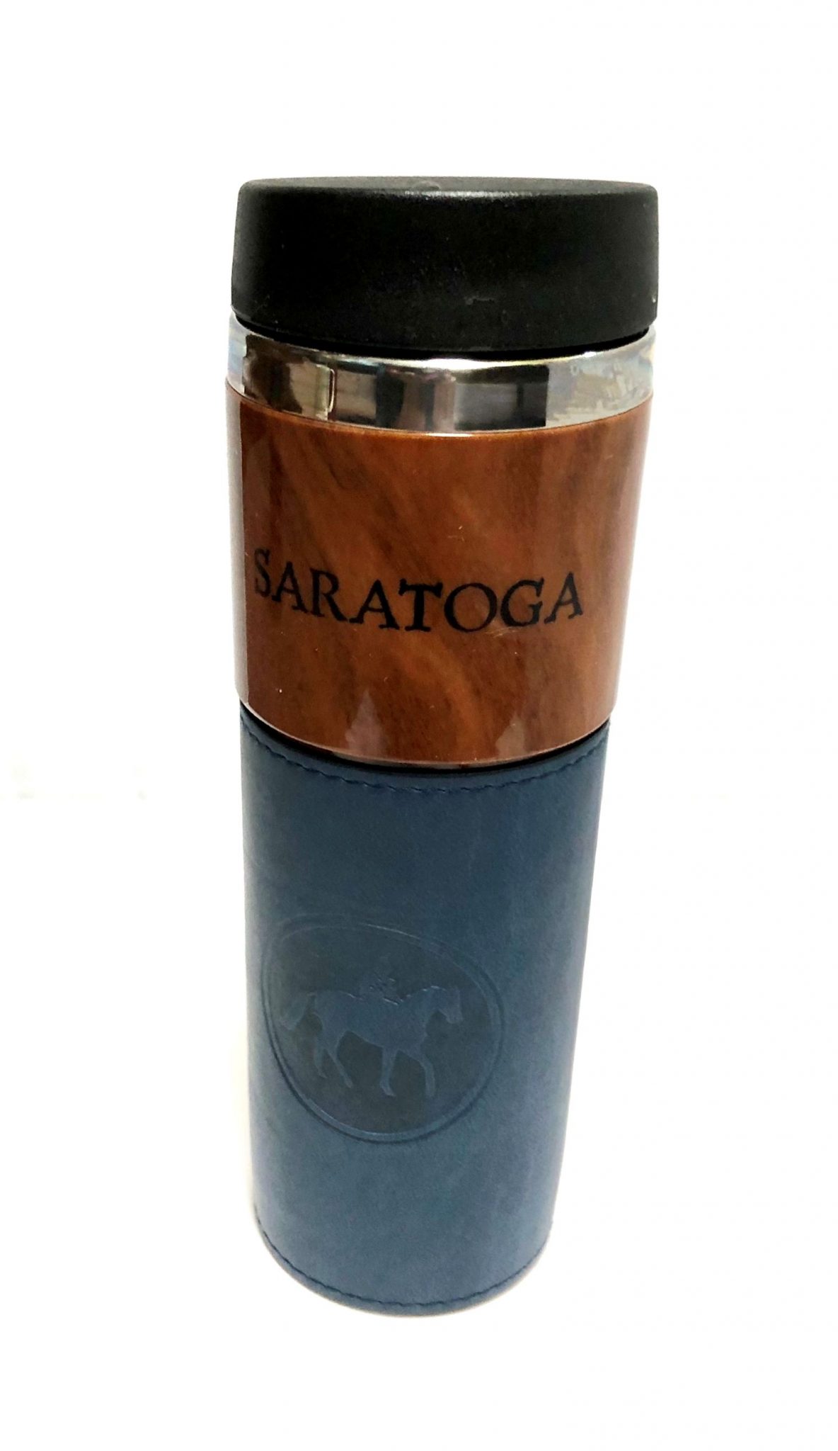 Wood Grain Leather Travel Mug Impressions of Saratoga