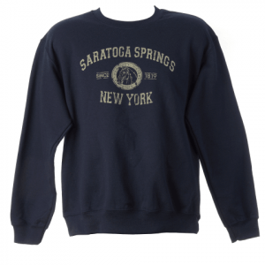 navy-crewneck-sweatshirt- across chest-SARATOGA SPRINGS- horse head with Health, history, horses around- Since 1819- NEW YORK under