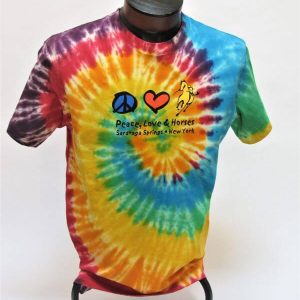 Tie dyed tee shirt-unisex-peace, love, horses- Saratoga Springs New York on chest