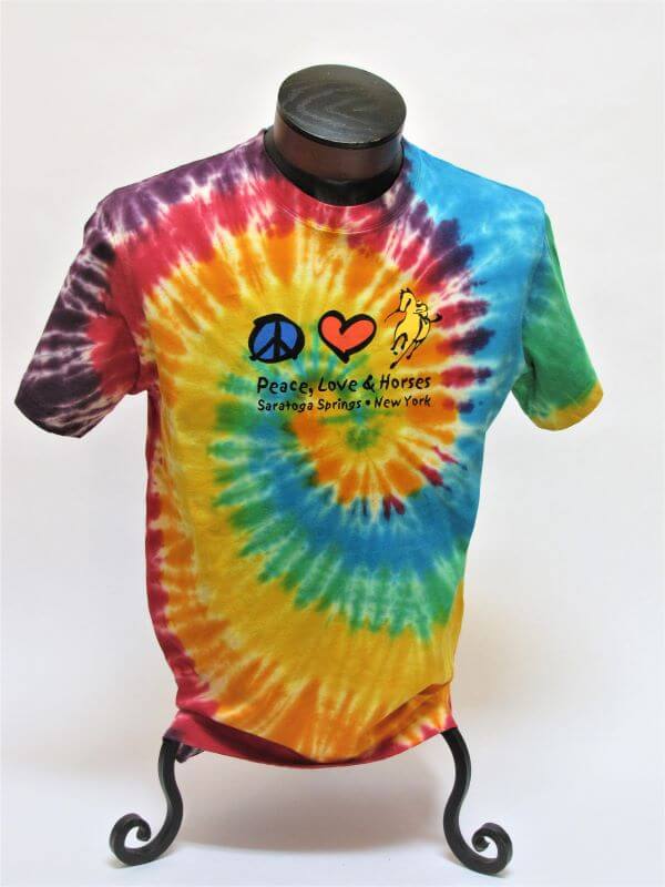 Tie dyed tee shirt-unisex-peace, love, horses- Saratoga Springs New York on chest