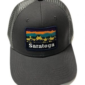 Trucker style hat with grey mesh back-snap closure- grey front and brim- patch on front with the word "Saratoga"- racehorse-outline of sky scrap