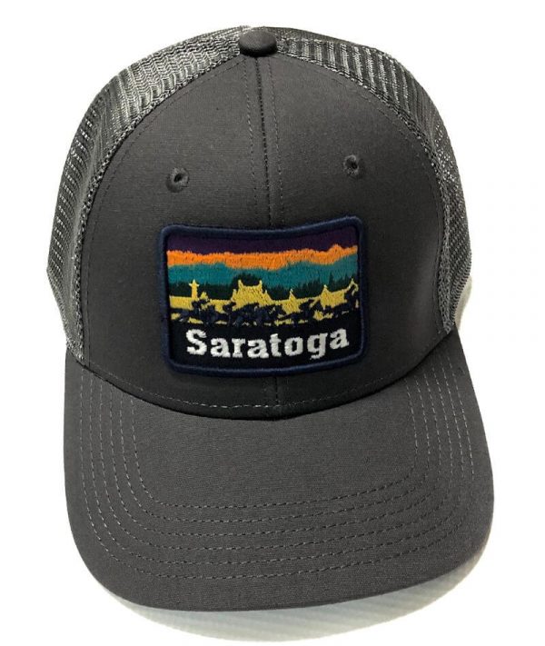 Trucker style hat with grey mesh back-snap closure- grey front and brim- patch on front with the word "Saratoga"- racehorse-outline of sky scrap