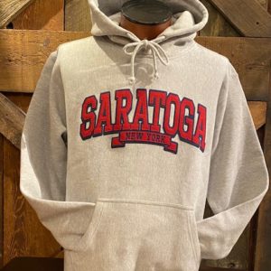 Graphite-hoodie-applique across chest-red letters outlined in blue- SARATOGA