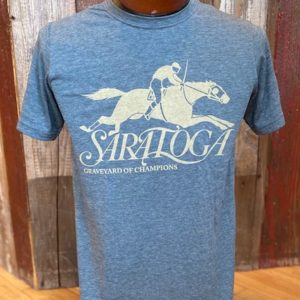 Indigo t-shirt with a race horse- Saratoga- Graveyard of Champions