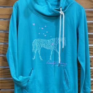 Teal cowl neck sweatshirt- horse on chest made out of hearts- Saratoga Springs New York below