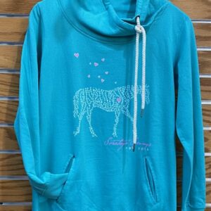 Teal cowl neck sweatshirt- horse on chest made out of hearts- Saratoga Springs New York below