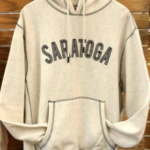 Unisex hoodie with a chain stitched "Saratoga" on chest. Kangaroo front pocket in color Ash