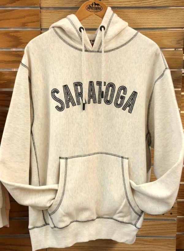 Unisex hoodie with a chain stitched "Saratoga" on chest. Kangaroo front pocket in color Ash