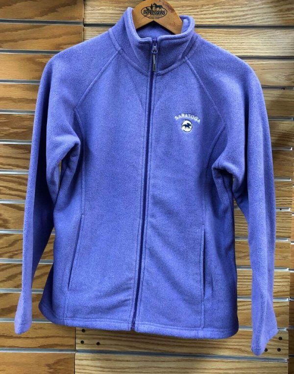 Ladies-violet-full zip-fleece- two pockets-saratoga and horse crest- left chest