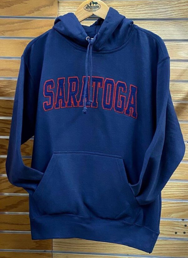 Navy-hoodie-applique across chest-blue letters outlined in red- SARATOGA