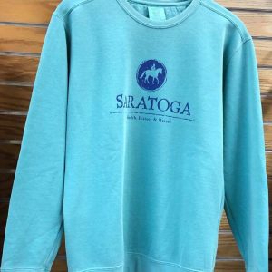 Seaform- crewneck- sweatshirt- horse and jockey- SARATOGA- health-history-horse- chest area