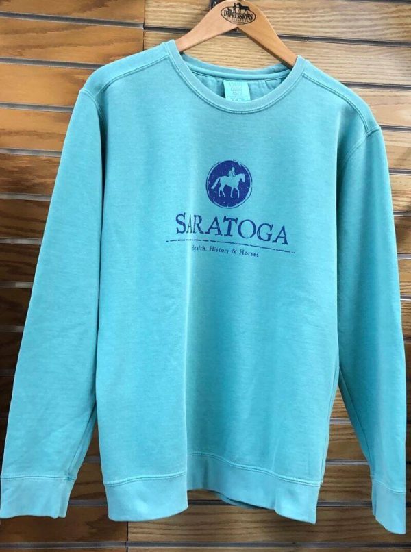 Seaform- crewneck- sweatshirt- horse and jockey- SARATOGA- health-history-horse- chest area