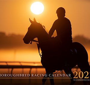 2022 Thoroughbred Racing Calendar. Sunrise with horse and Jockey on cover