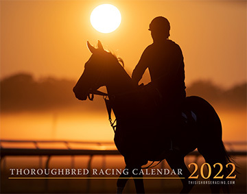 2022 Thoroughbred Racing Calendar. Sunrise with horse and Jockey on cover