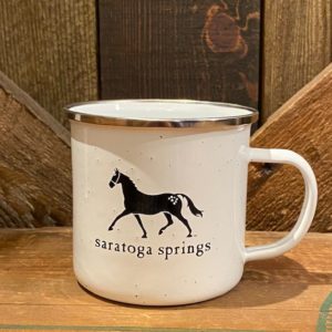 White Dark Horse Tin Cup-features black horse with Saratoga Springs