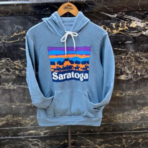 Heather Slate Hooded sweatshirt. Skyscape design across chest of racetrack-Saratoga