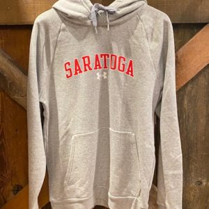 Light Grey pull over hoodie with Saratoga across chest in red