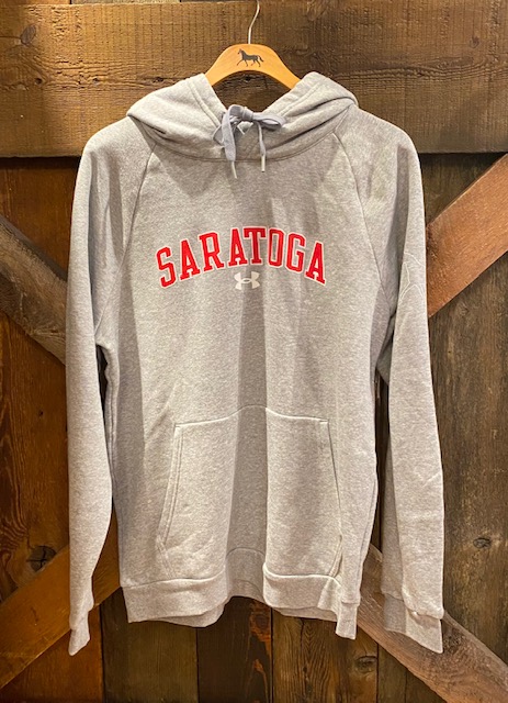 Light Grey pull over hoodie with Saratoga across chest in red