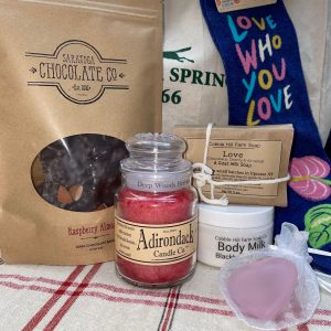 Be Mine Saratoga Porch Package with candy, candles and body milk