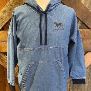 hooded denim spirit jersey- front view- Dark Horse and Saratoga Springs on left chest