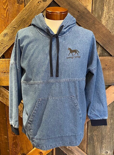 hooded denim spirit jersey- front view- Dark Horse and Saratoga Springs on left chest