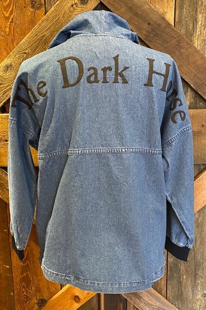 hooded denim spirit jersey- back view- The Dark Horse across back shoulders