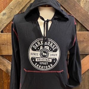 Black light weight hoodie-kangaroo pocket-red trim-dark horse-since 1919-original upset-saratoga-front design