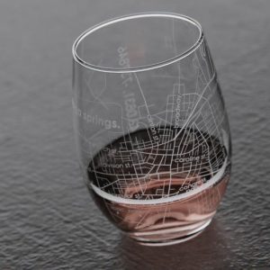 Etched stemless wine glass- map of saratoga- saratoga springs