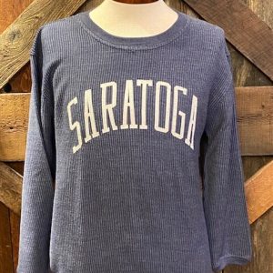 unisex corded crew sweatshirt- color navy- SARATOGA across chest in white